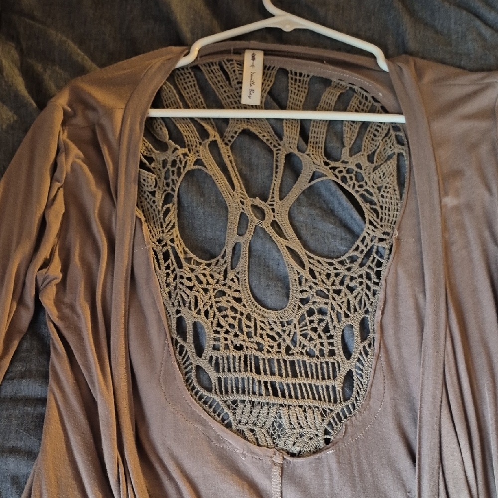 Vanilla Bay Brown Crochet Back Cardigan